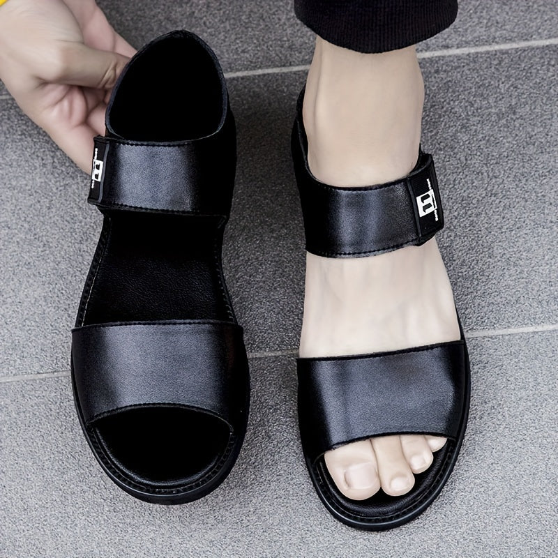 Men’s Leather Summer Sandals - Open Toe - Velcro Strap - Lightweight Casual Shoes