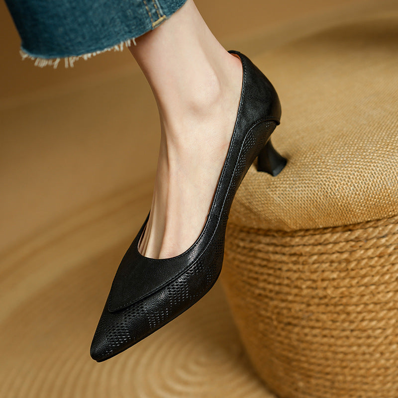 Women's Leather Kitten Heels - Pointed Toe Slip-On Pumps - Embossed Upper