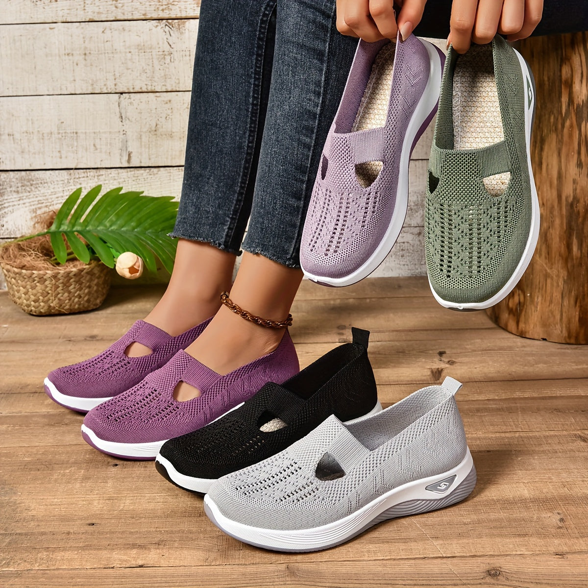 Women's Slip-On Sneakers - Knit Upper - Cutout Vamp - Platform Sole