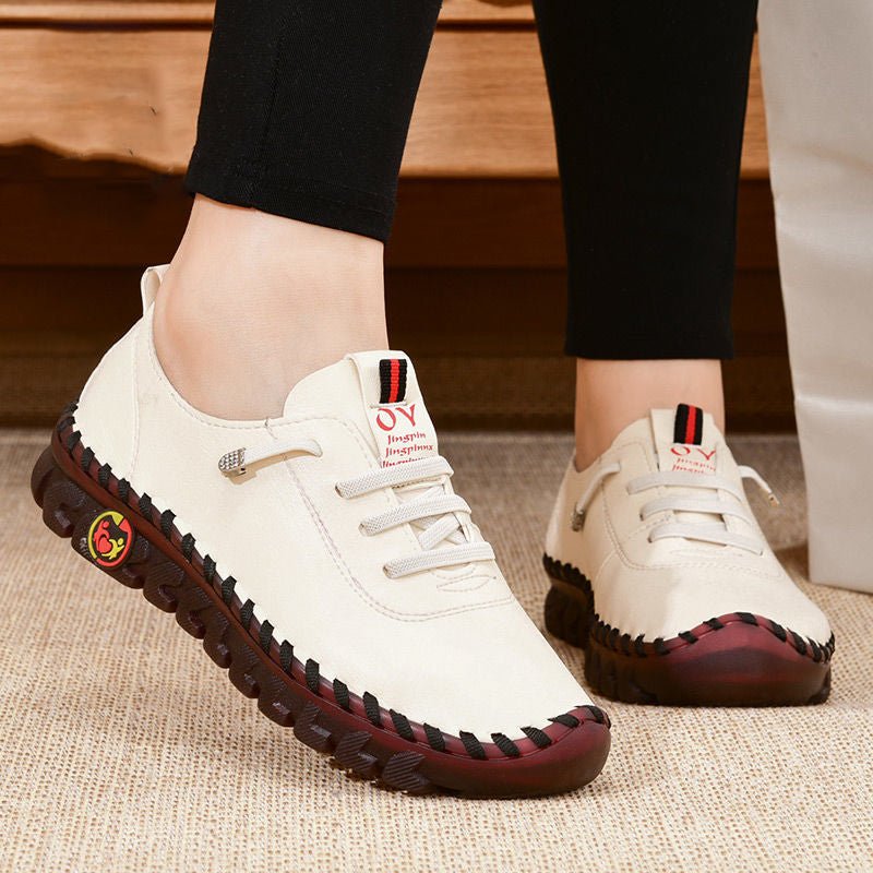 Women's Lace-Up Leather Casual Shoes - Round Toe - Moccasin Stitch Sole - Flat