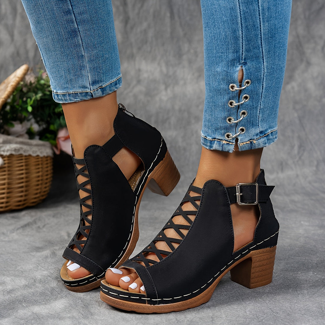 Women's Open Toe Heeled Sandals - Cut-Out Upper - Buckle and Back Zip