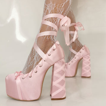 Women’s Pink Platform High Heel Shoes with Lace Up Front Ribbon Wrap and Block Heel