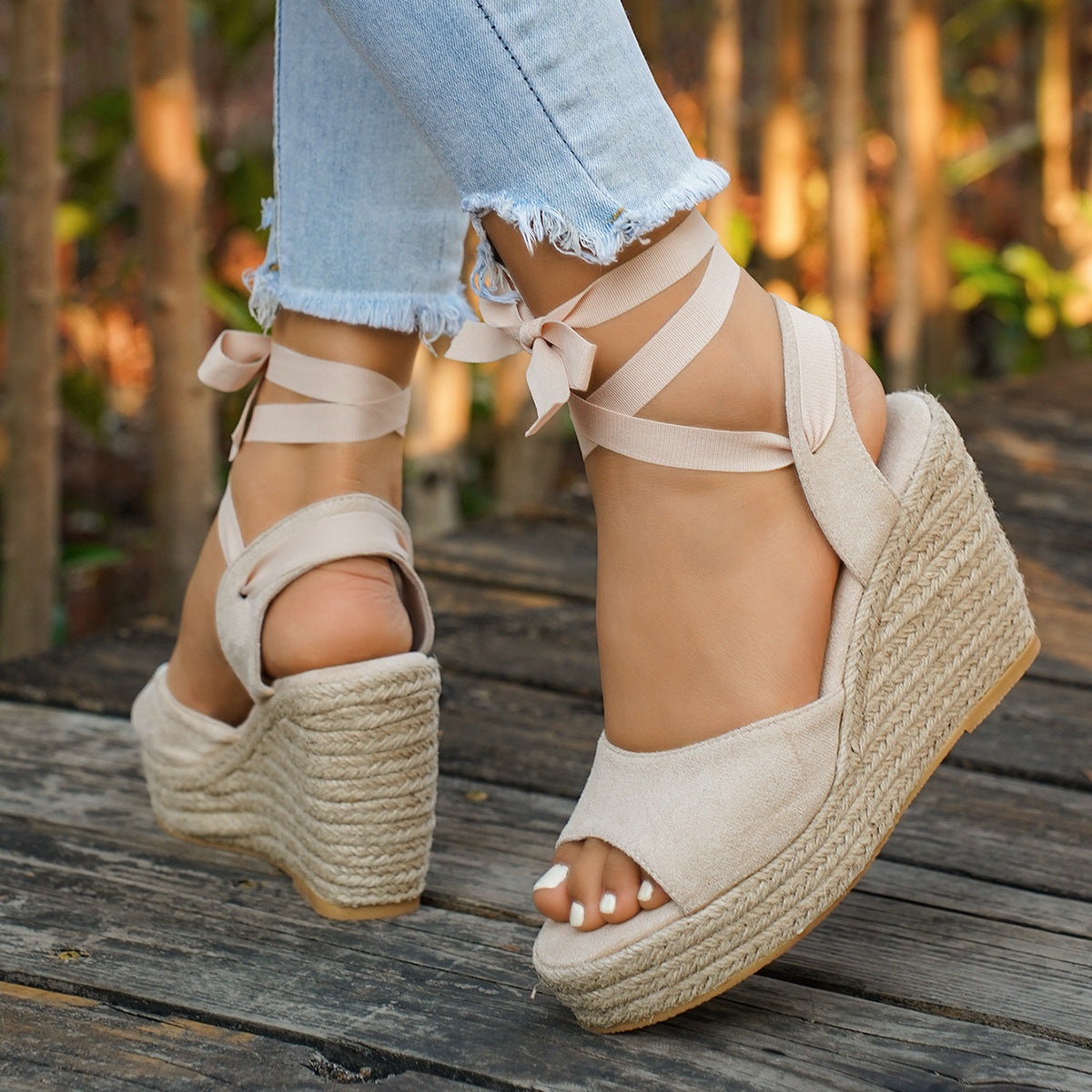 Women's Strappy Espadrille Wedge Sandals – Open Toe Ankle Lace-Up Tie