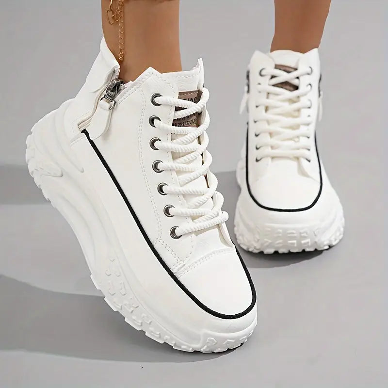 Women’s Rounded Toe High-Top Platform Sneakers with Lace-Up Closure and Side Zip