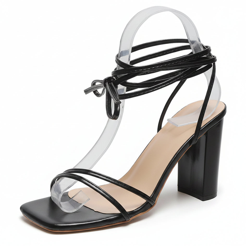 Women's Strappy Block Heel Sandals – Open Toe Lace-Up Wrap with Square Toe