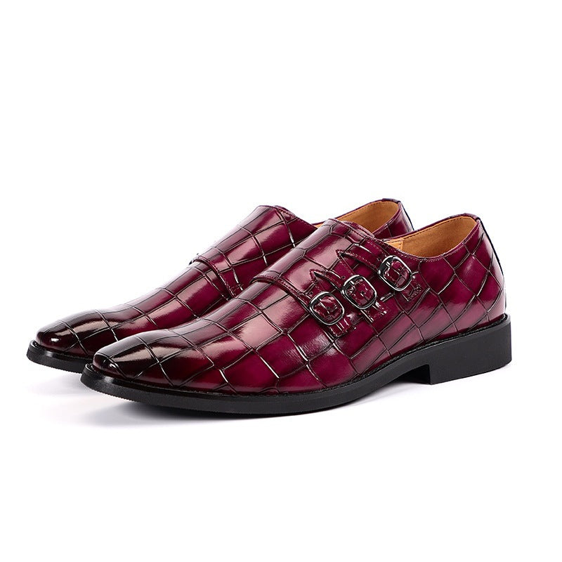 Men's Triple Monk Strap Dress Shoes - Pointed Toe - Croc Embossed - Low Heel