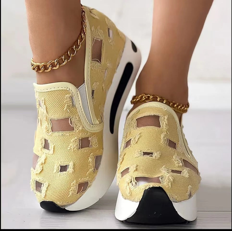 Women's Platform Sneakers – Round Toe Slip-On with Cutout Mesh Denim Upper