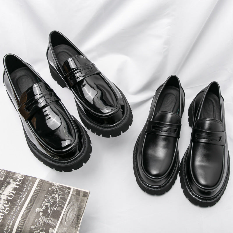 Men’s Black Rounded Toe Slip-On Loafers with Front Strap - Chunky Lug Sole