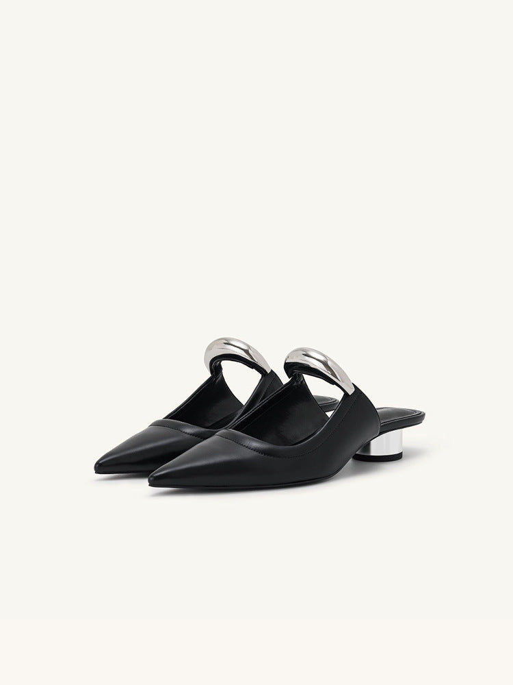 Women's Mules - Sculptural Bar Detail - Low Cylinder Heel