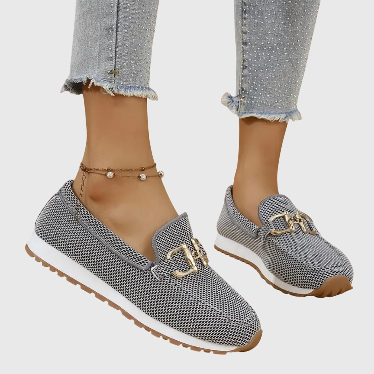 Women’s Almond Toe Slip-On Sneakers with Metal Bit Detail and Textured Rubber Sole