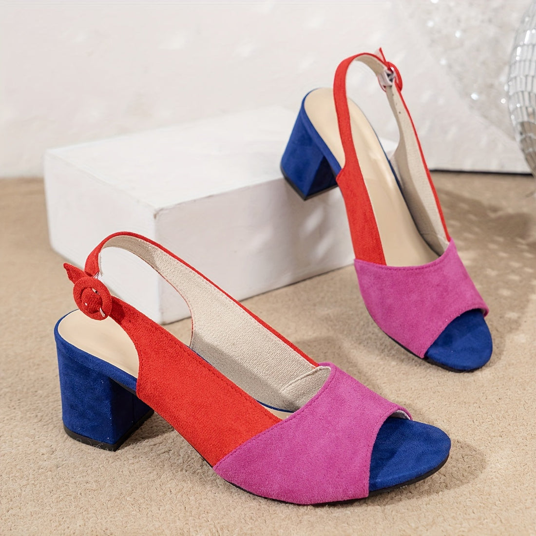 Women's Color Block Slingback Block Heels - Open Toe Peep Toe