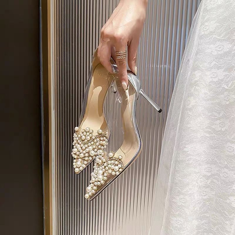 Women's Clear PVC Pointed Toe Pumps with Pearl Embellishment and Stiletto Heel