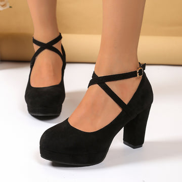 Women's Platform Block Heels – Round Toe Cross Strap Suede Pump with Buckle