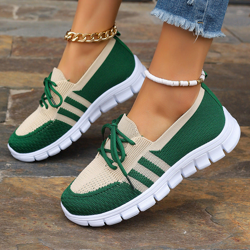 Women's Lace-Up Casual Sneakers - Round Toe - Knit Mesh Upper - Flat Sole