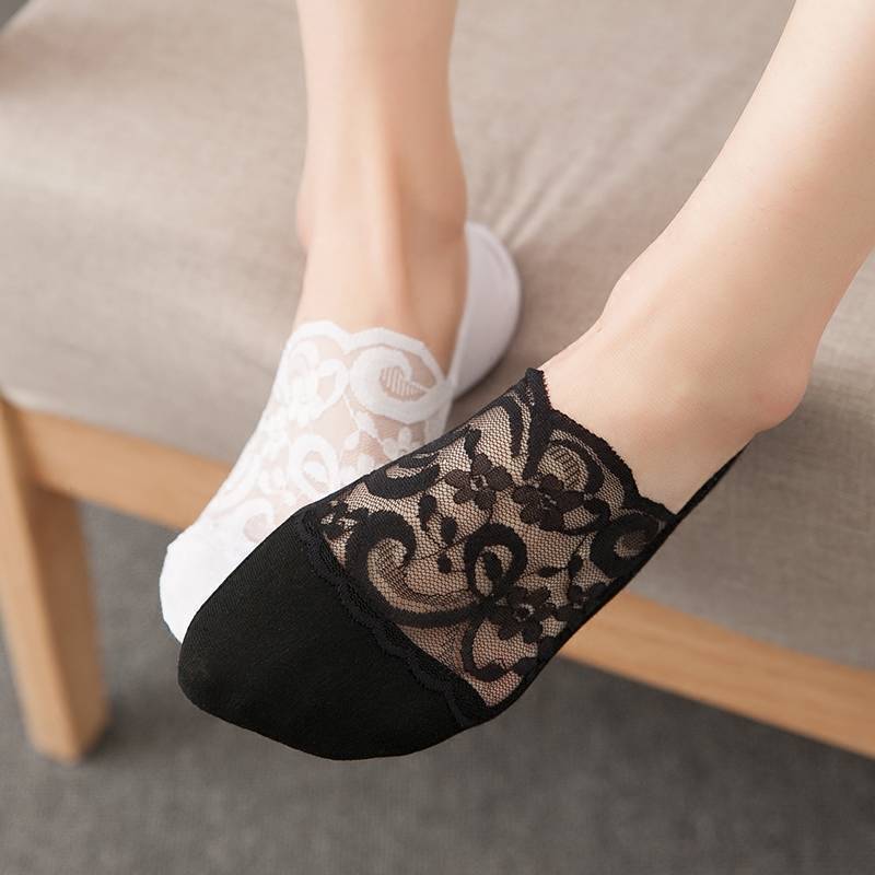 Women's Lace No-Show Socks 5-Pair Set – Floral Mesh with Cotton Heel Toe