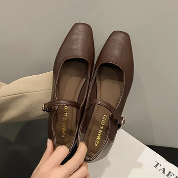 Women's Leather Ballet Flats – Square Toe Single Strap with Gold-Tone Pin Buckle