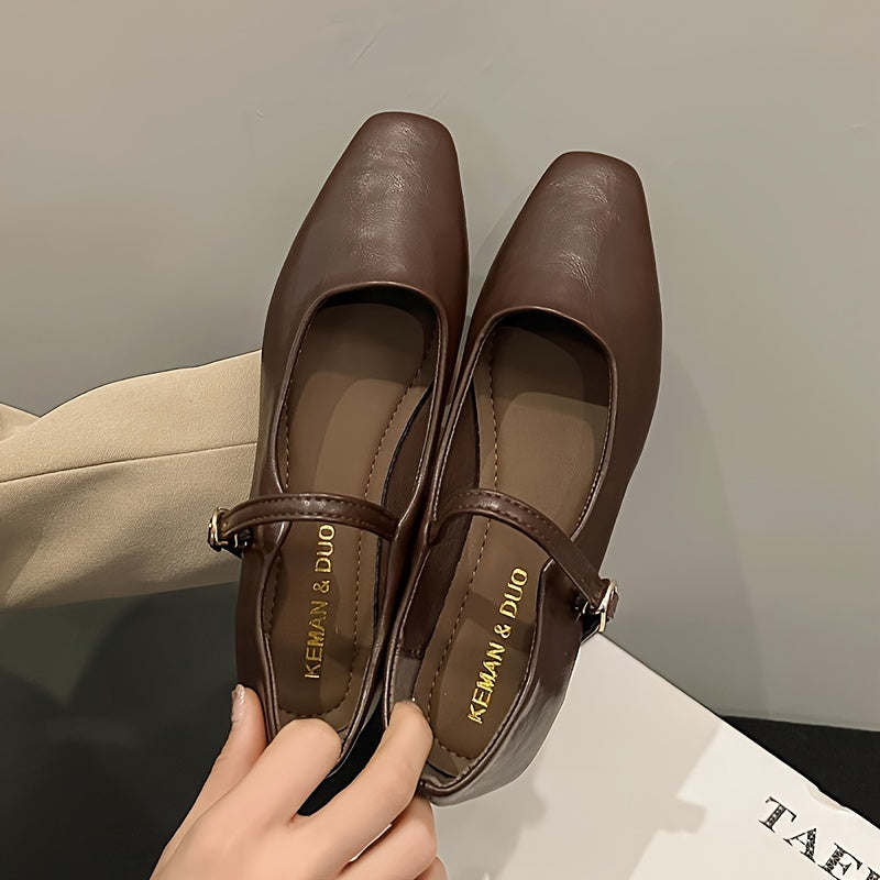 Women's Leather Ballet Flats – Square Toe Single Strap with Gold-Tone Pin Buckle