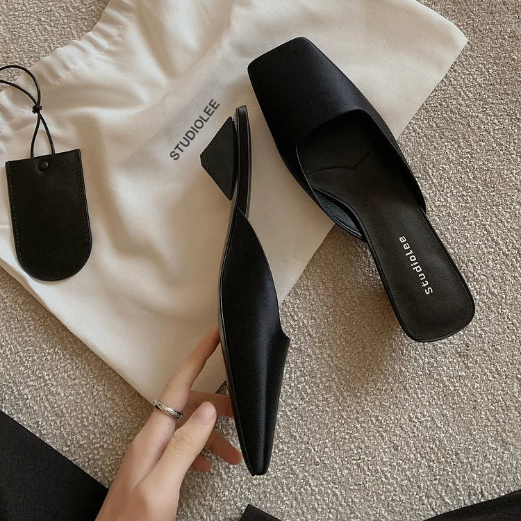 Women's Square Toe Slip-On Mule Slides - Flat Heel - Satin Upper
