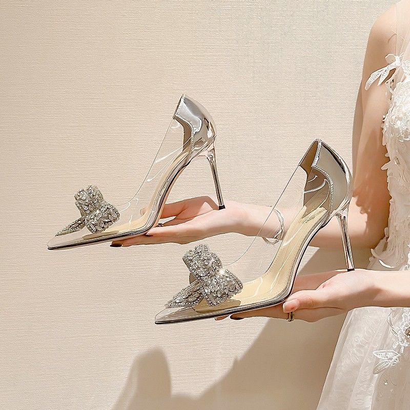Women's Clear PVC Pointed Toe Pumps with Rhinestone Bow and Stiletto Heel