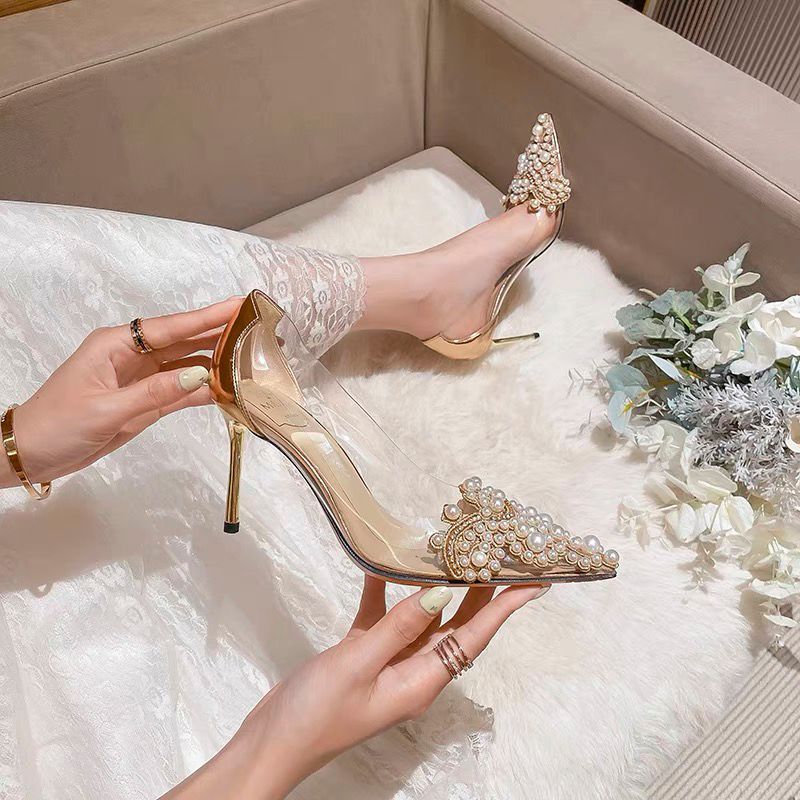 Women's Clear PVC Pointed Toe Pumps with Pearl Embellishment and Stiletto Heel