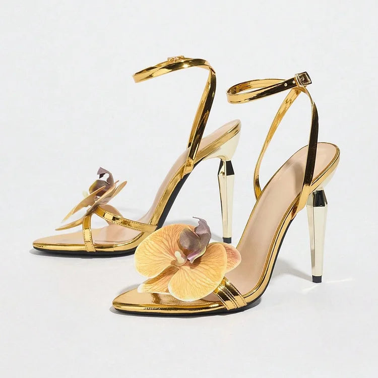 Women's Open Toe Stiletto Heel Sandals - Ankle Strap - Floral Applique - Gold