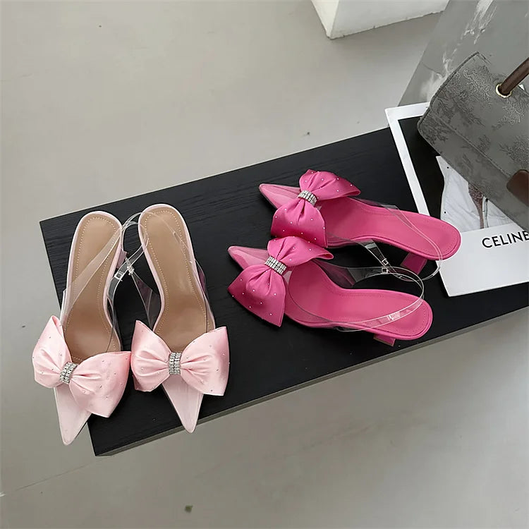 Women's Kitten Heels - Pointed Toe Mules - Clear Strap - Bow Rhinestone Detail