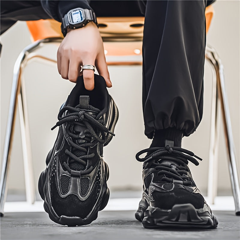 Men's Leather Chunky Sneakers - Lace-Up Design - Mesh Panels - Thick Sculpted Sole