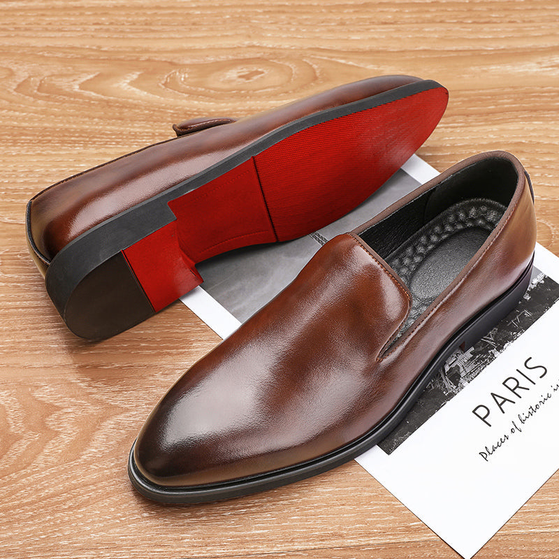 Men’s Faux Leather Slip-On Loafers with Rounded Toe and Red Sole