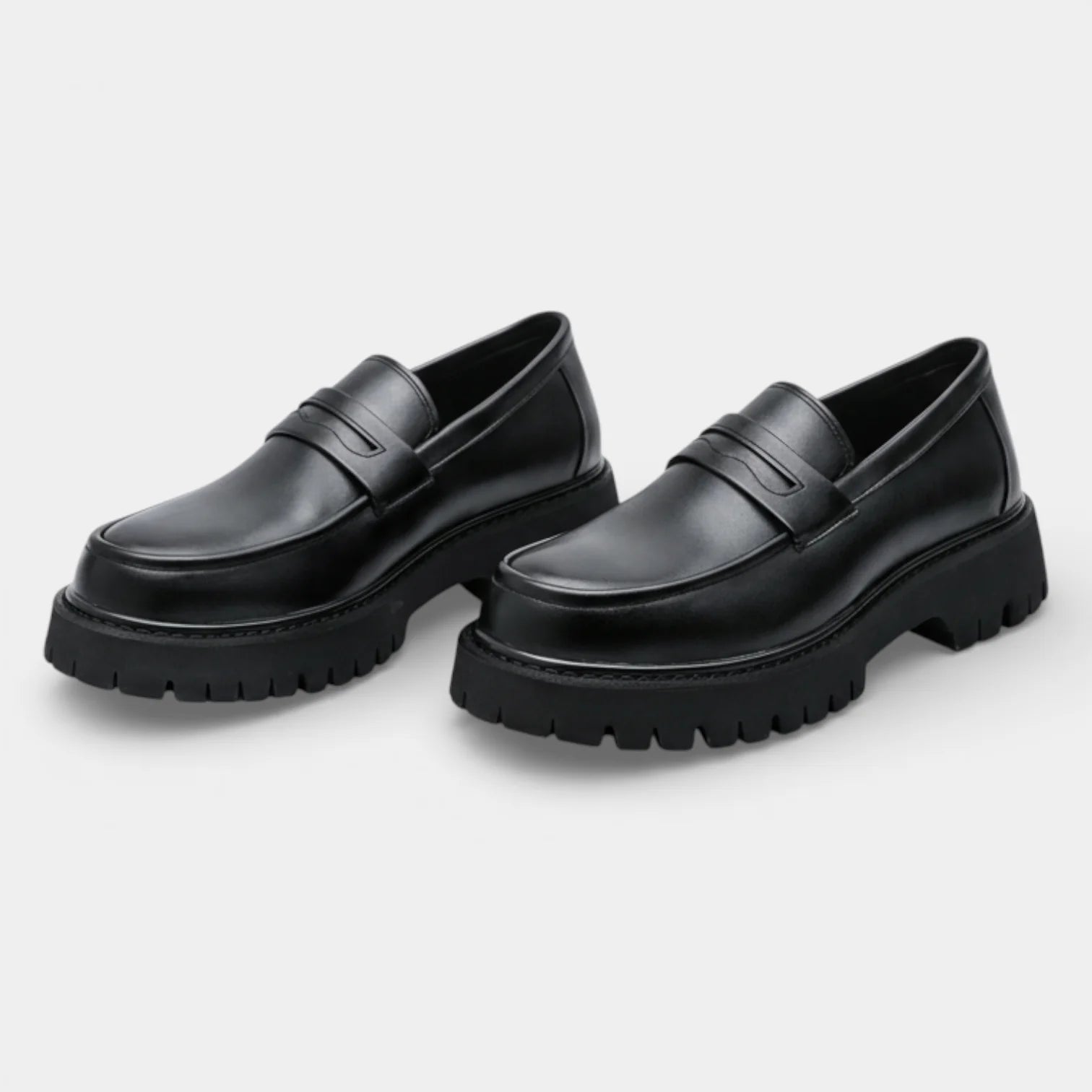 Men’s Black Rounded Toe Slip-On Loafers with Front Strap and Chunky Lug Sole