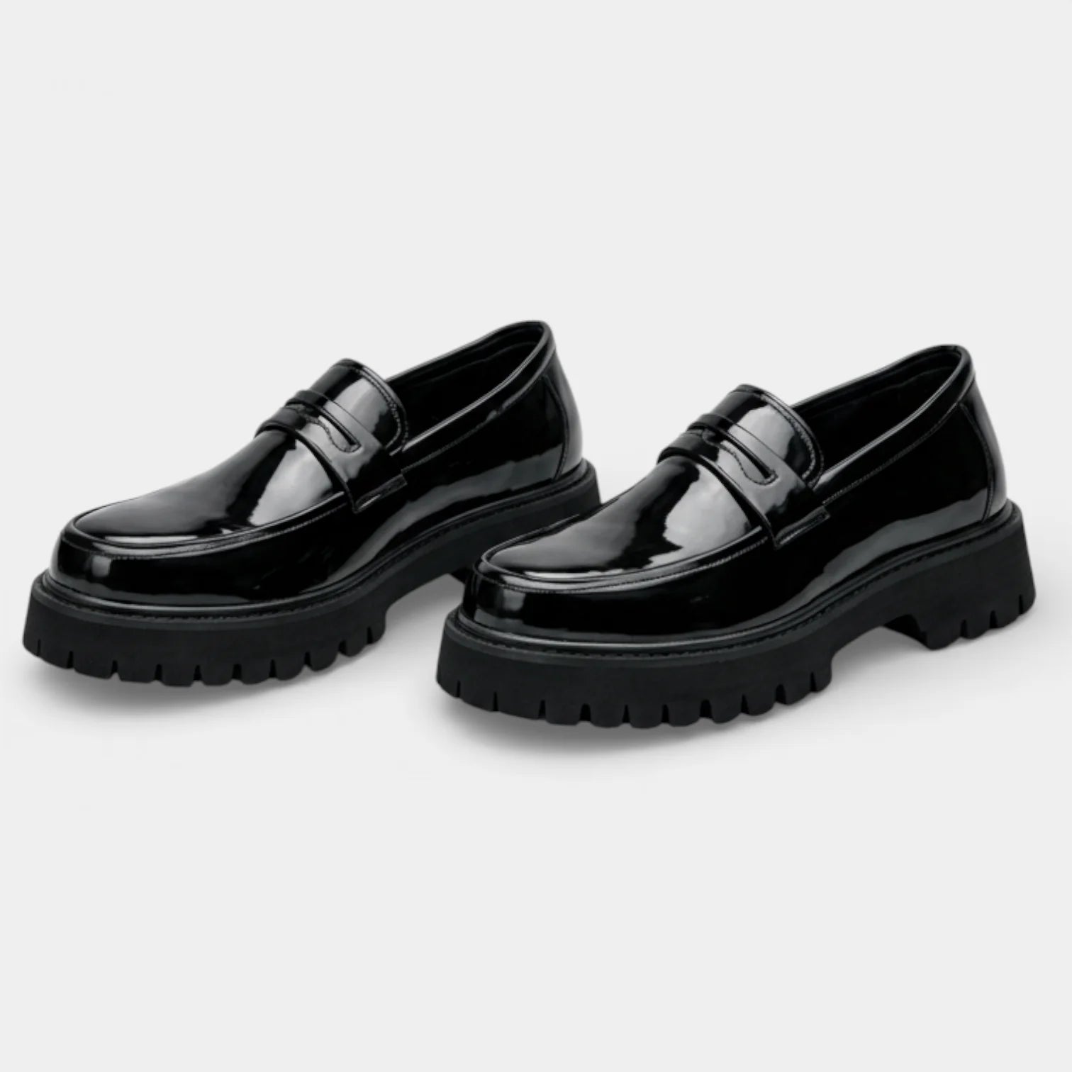Men’s Black Rounded Toe Slip-On Loafers with Front Strap and Chunky Lug Sole