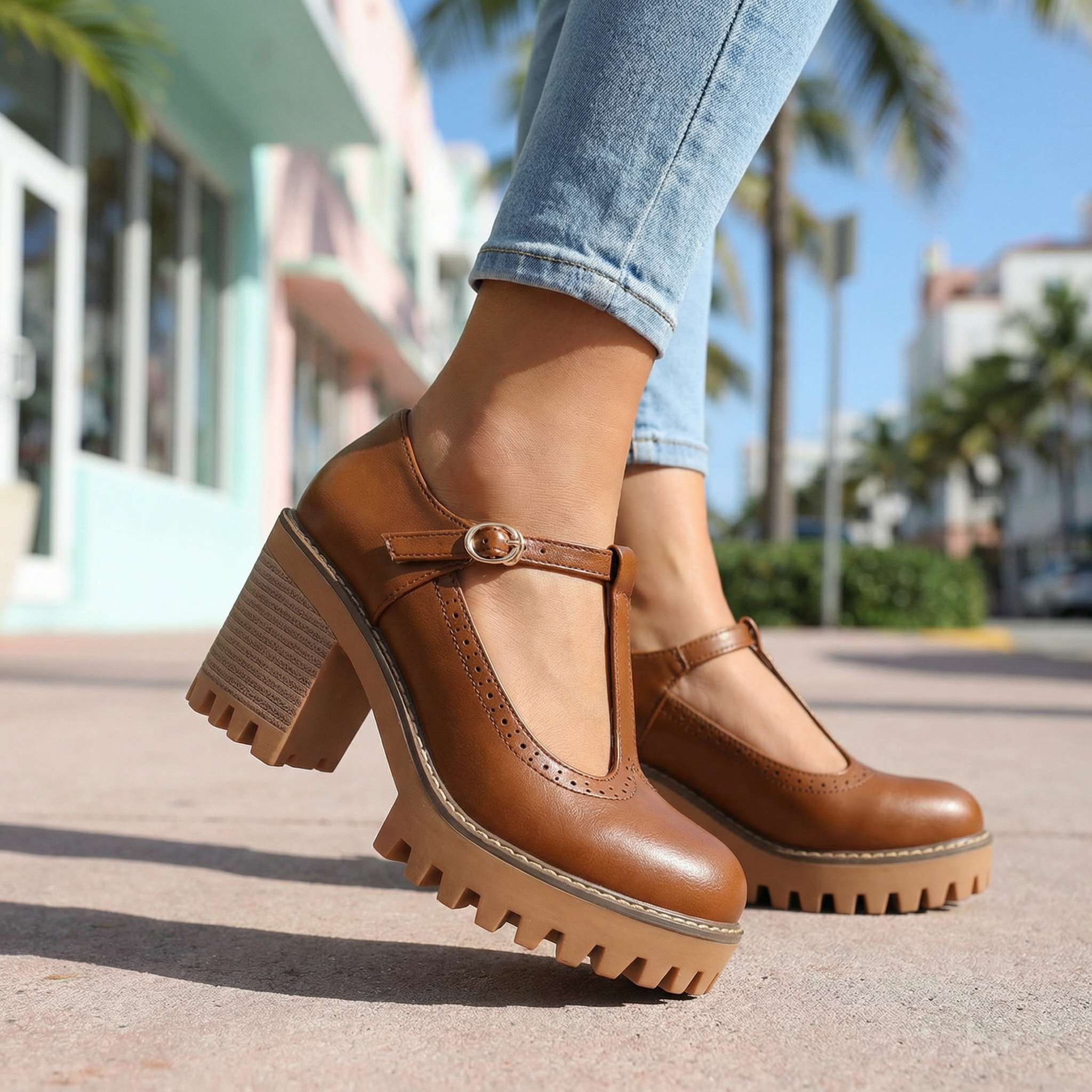 Women's Mary Jane Heels Platform Block Heel T-Strap Lug Sole