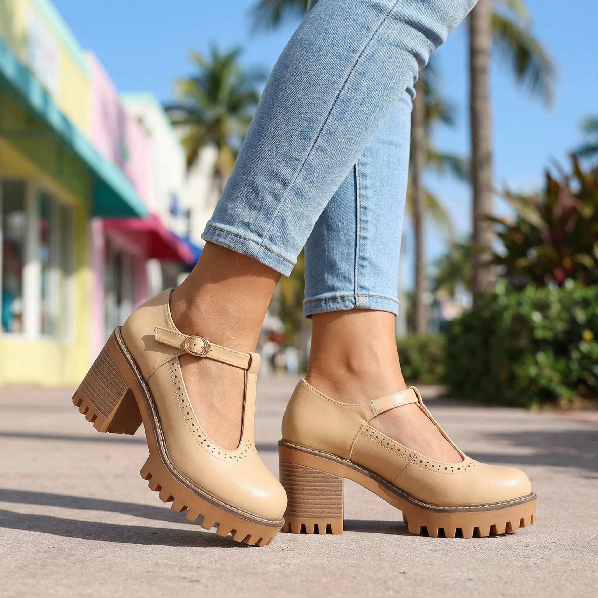 Women's Mary Jane Heels Platform Block Heel T-Strap Lug Sole