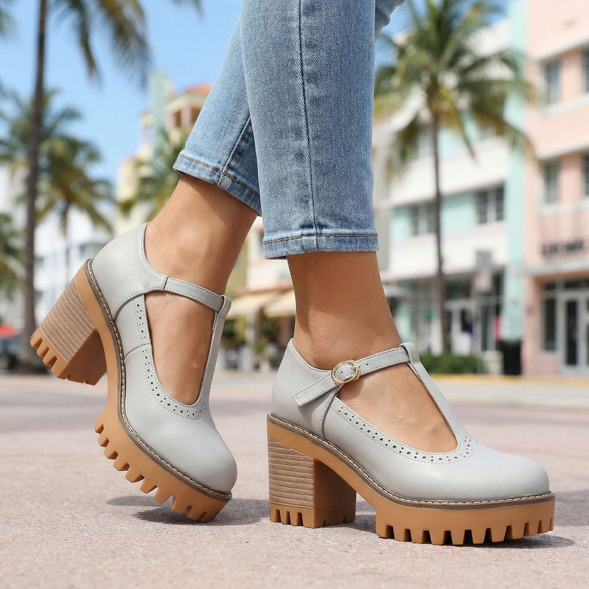 Women's Mary Jane Heels Platform Block Heel T-Strap Lug Sole