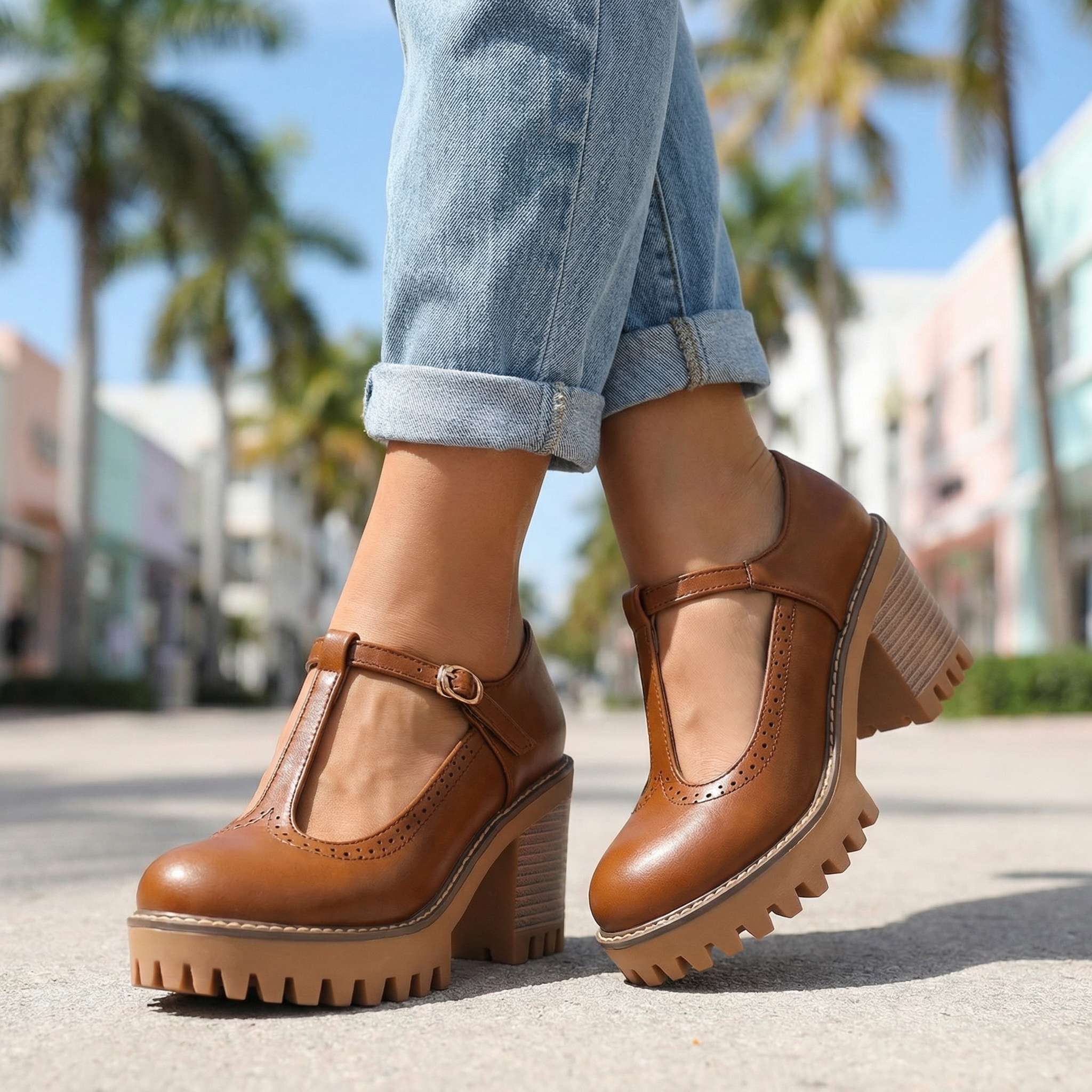 Women's Mary Jane Heels Platform Block Heel T-Strap Lug Sole