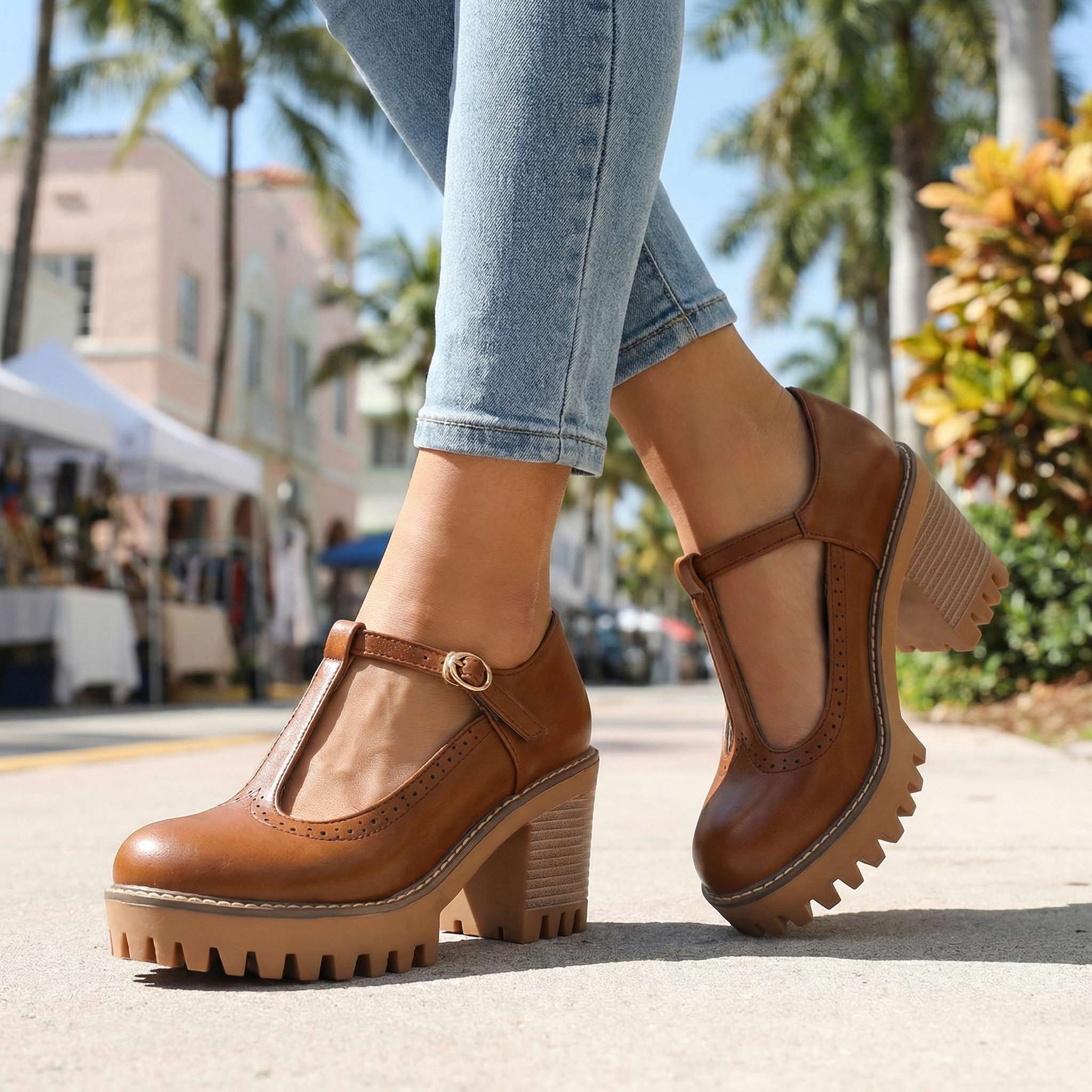 Women's Mary Jane Heels Platform Block Heel T-Strap Lug Sole
