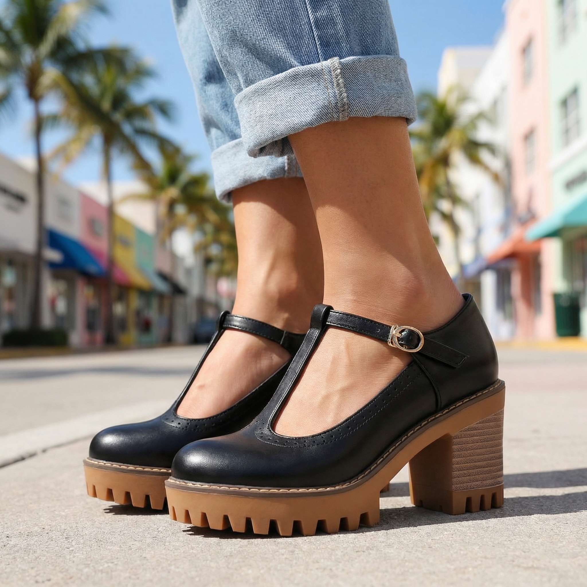 Women's Mary Jane Heels Platform Block Heel T-Strap Lug Sole
