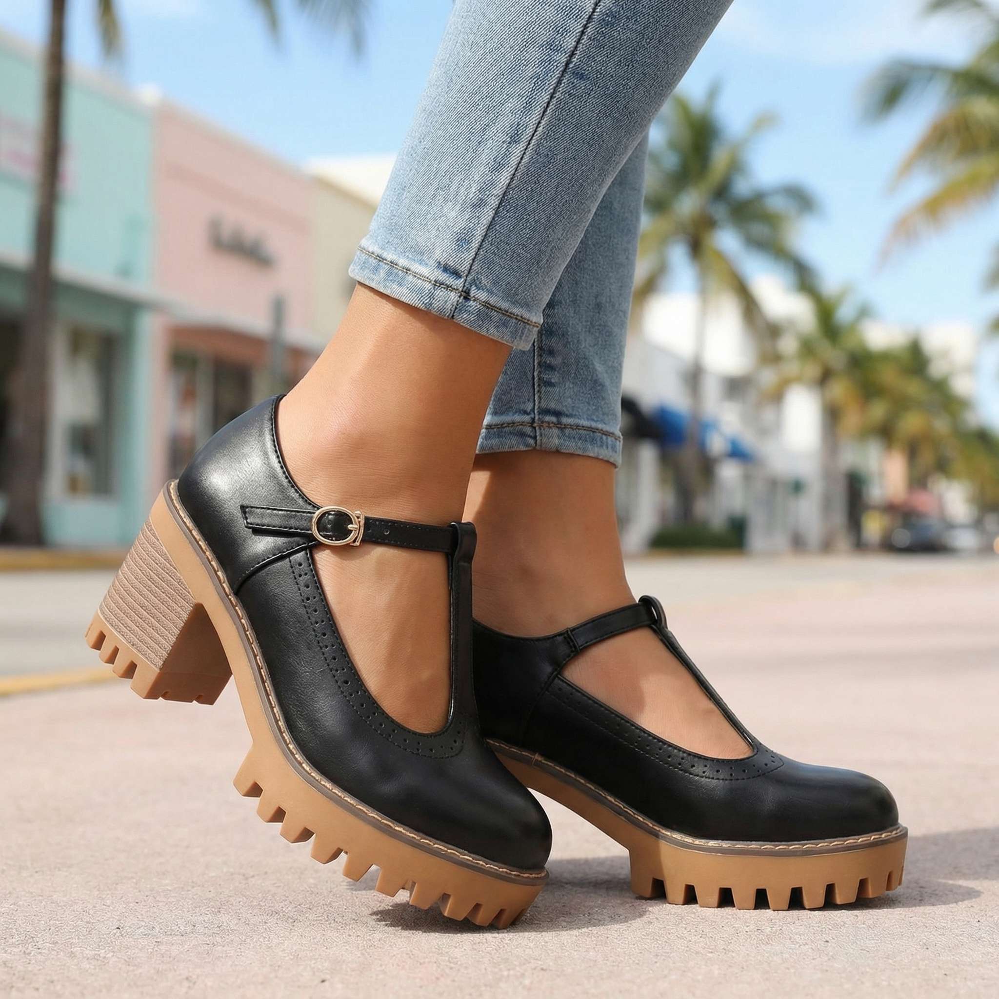 Women's Mary Jane Heels Platform Block Heel T-Strap Lug Sole