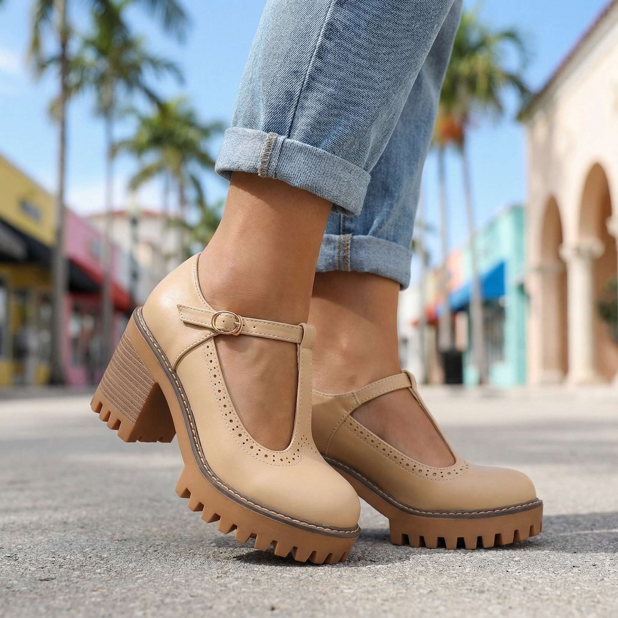 Women's Mary Jane Heels Platform Block Heel T-Strap Lug Sole