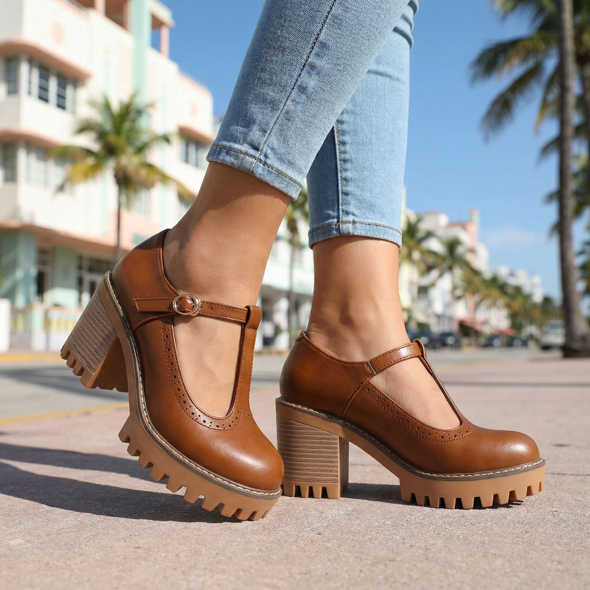 Women's Mary Jane Heels Platform Block Heel T-Strap Lug Sole