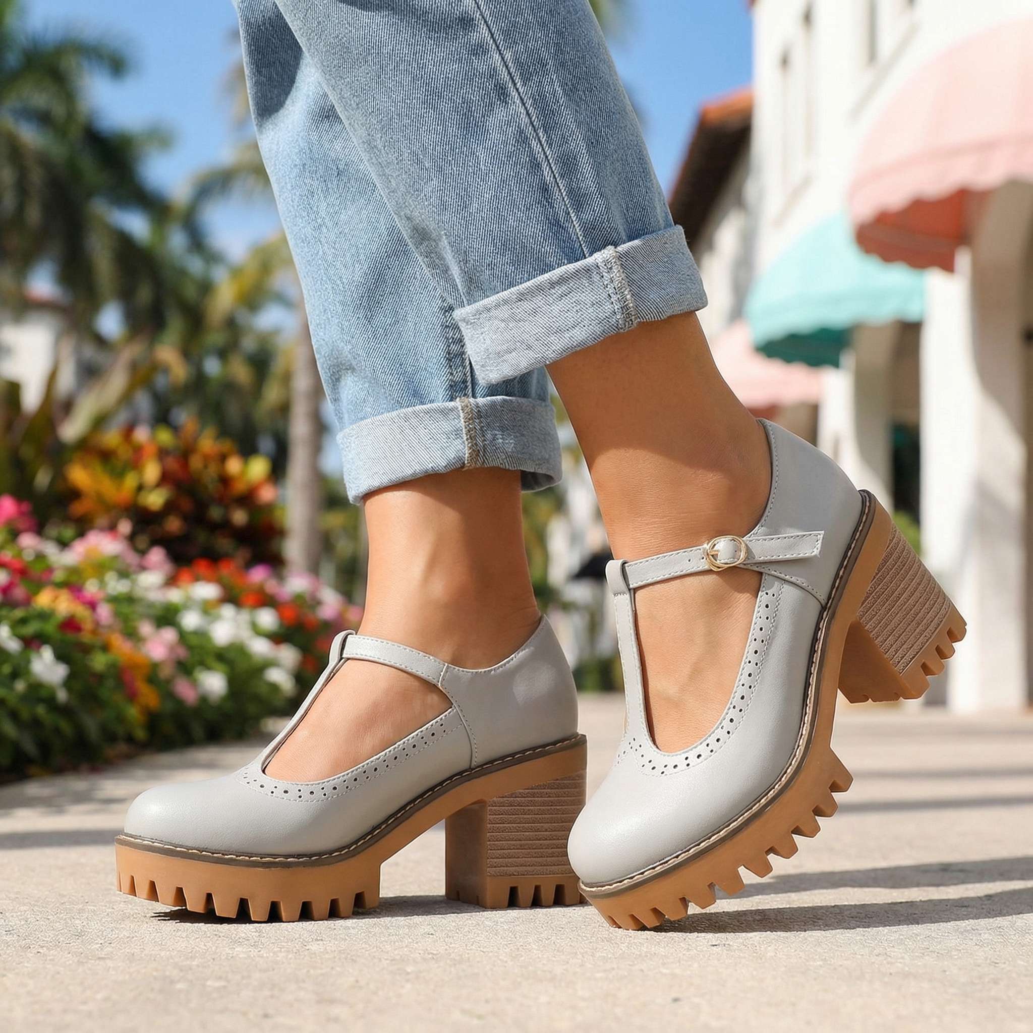 Women's Mary Jane Heels Platform Block Heel T-Strap Lug Sole
