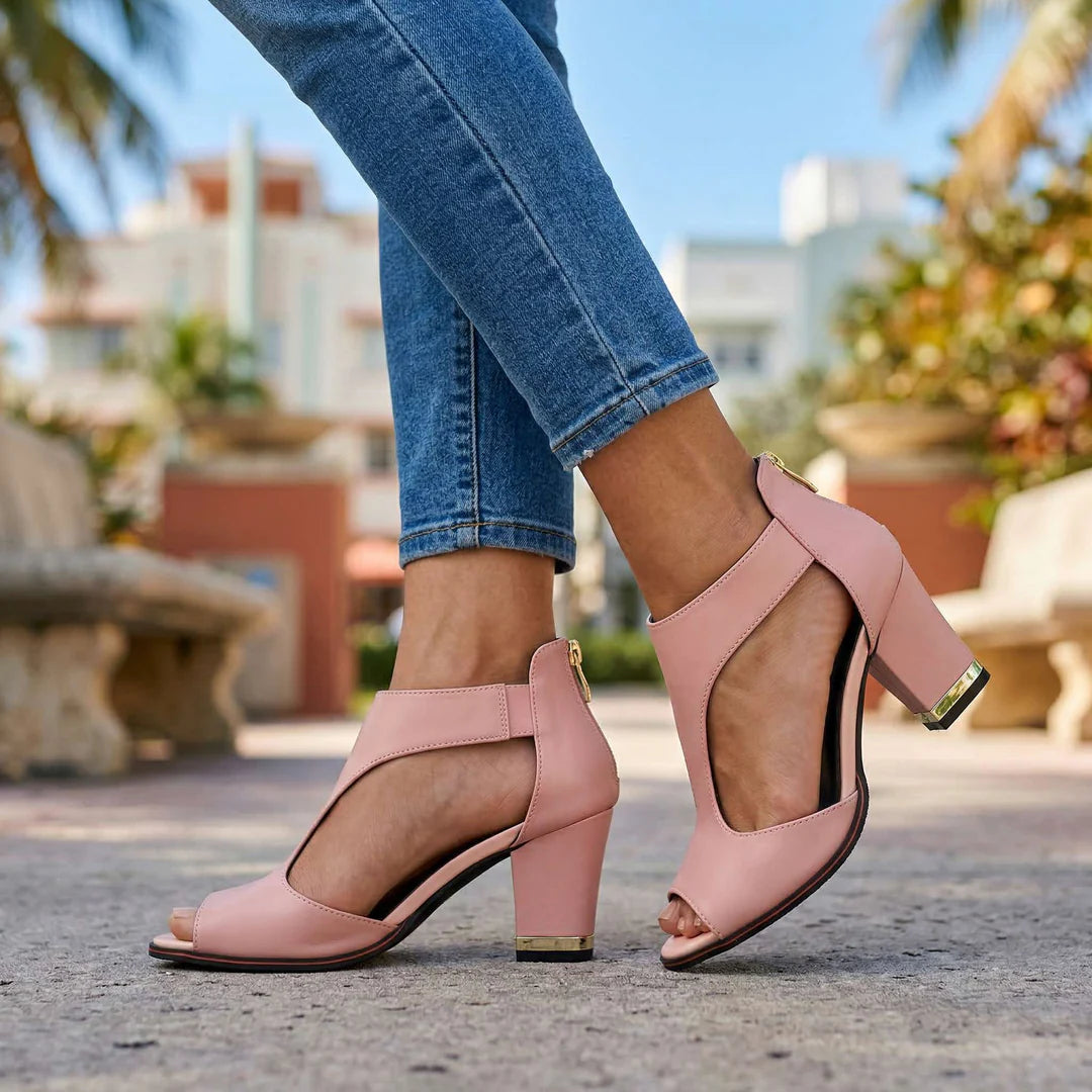 Women's Block Heels Open-Toe T-Strap Cutout Ankle-Strap Zip