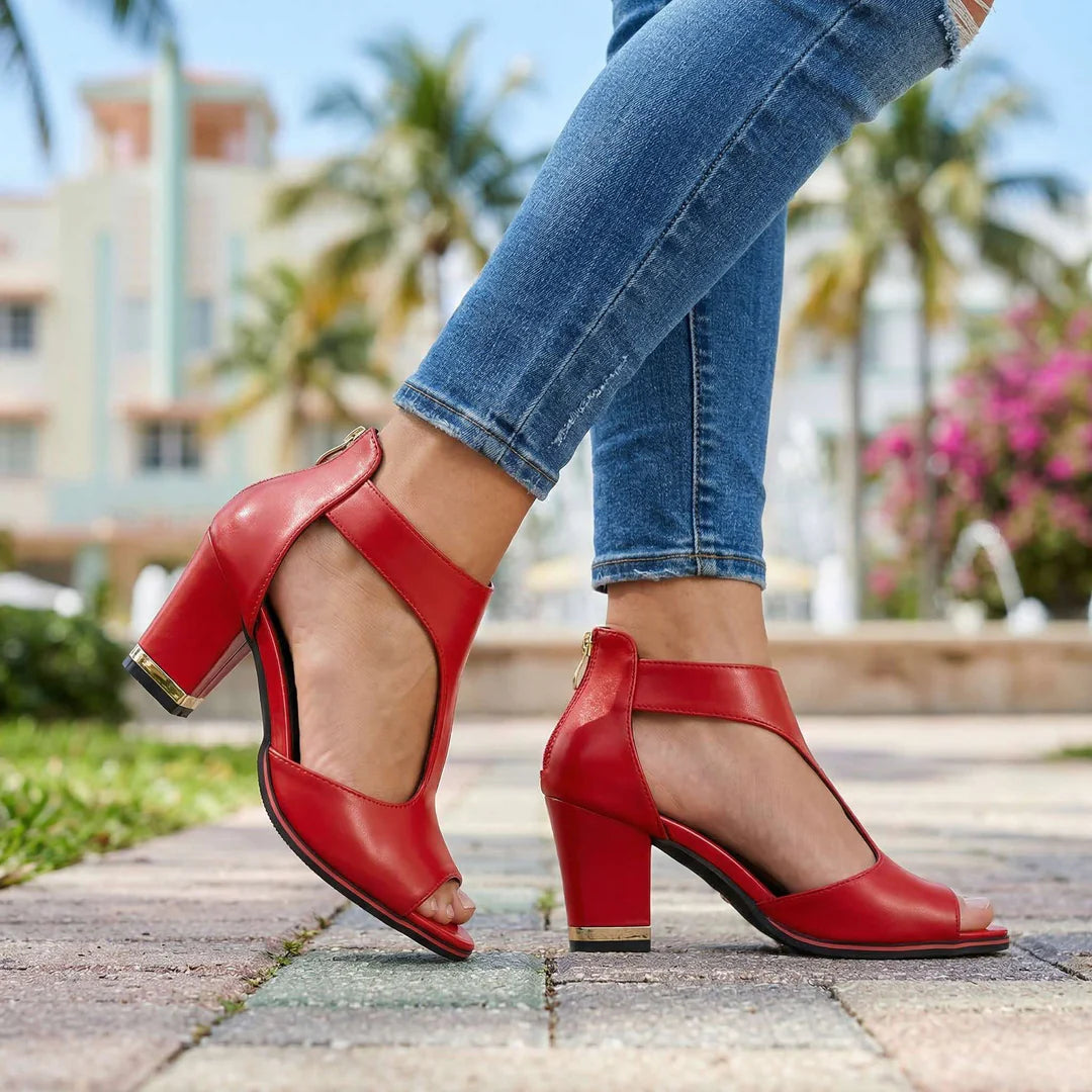 Women's Block Heels Open-Toe T-Strap Cutout Ankle-Strap Zip