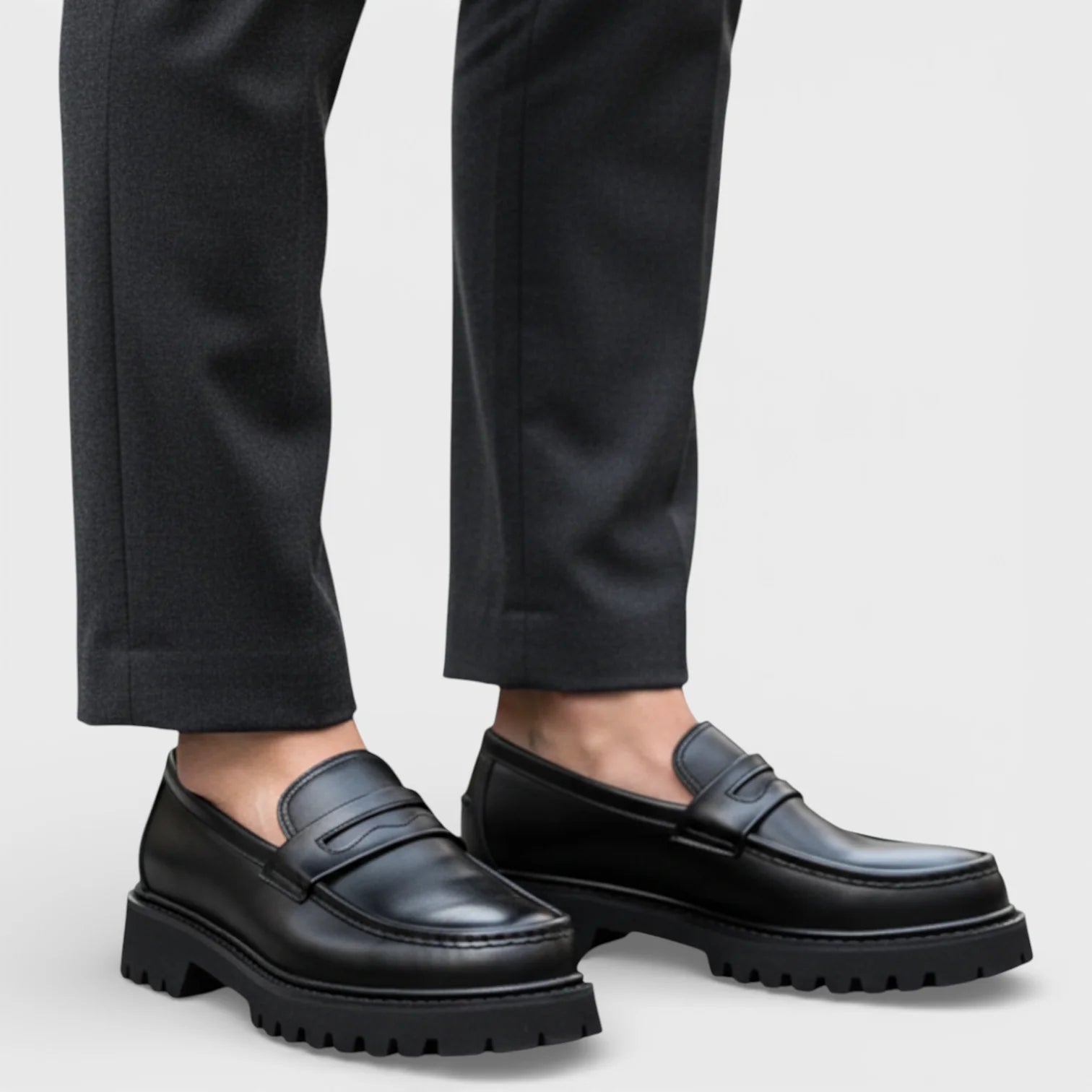 Men’s Black Rounded Toe Slip-On Loafers with Front Strap and Chunky Lug Sole