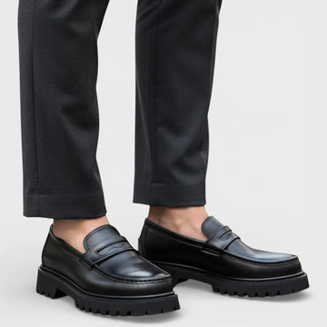 Men’s Black Rounded Toe Slip-On Loafers with Front Strap and Chunky Lug Sole