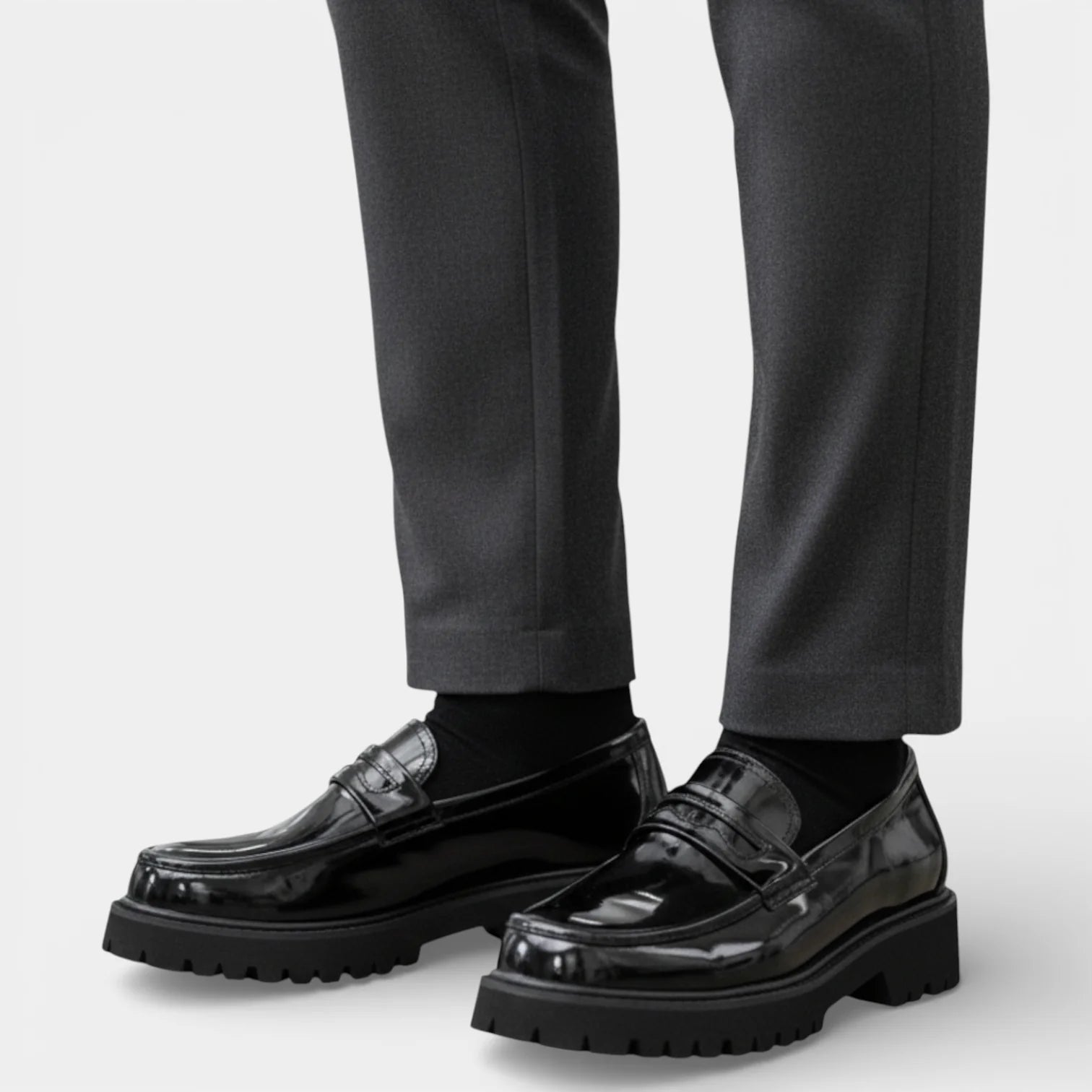 Men’s Black Rounded Toe Slip-On Loafers with Front Strap and Chunky Lug Sole