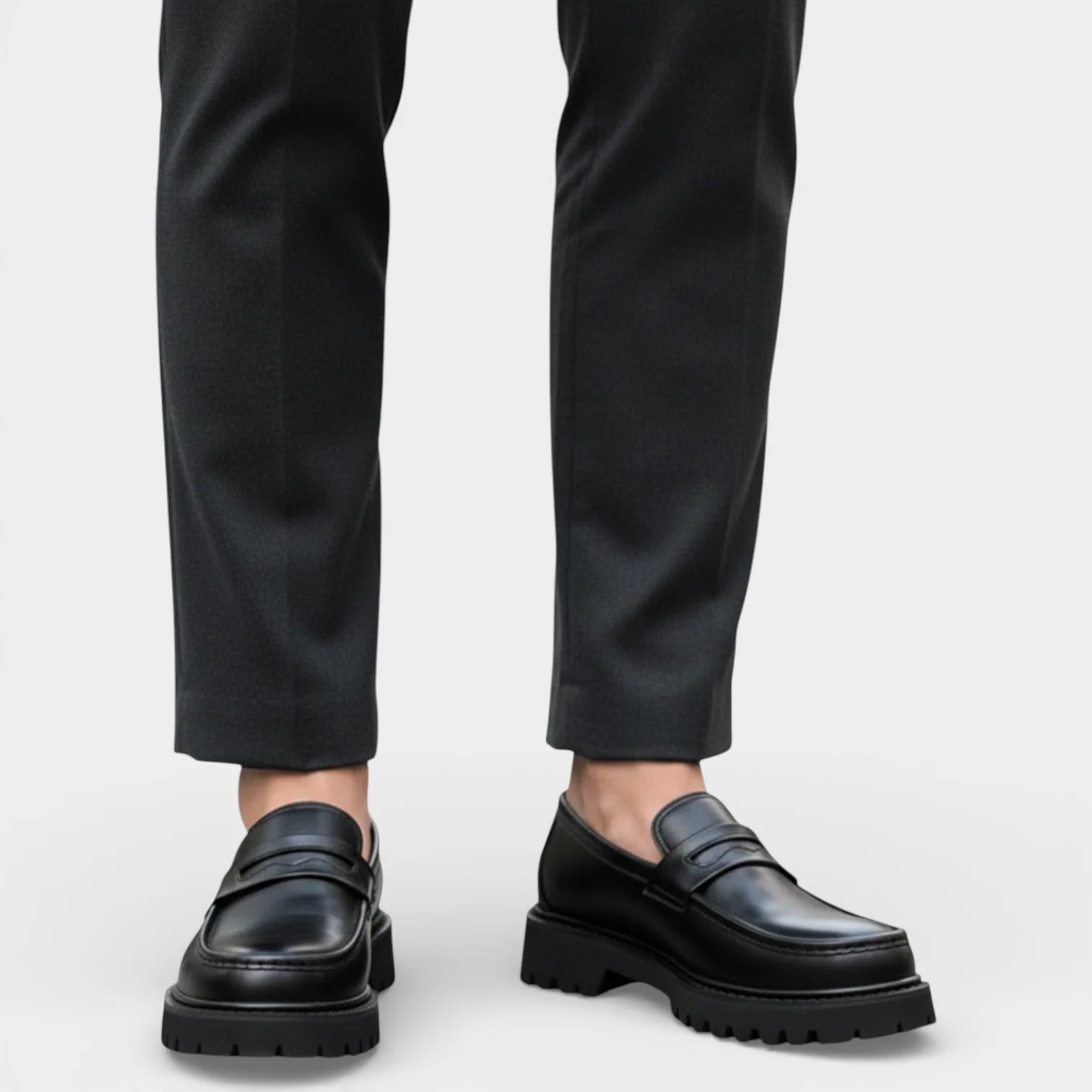 Men’s Black Rounded Toe Slip-On Loafers with Front Strap and Chunky Lug Sole