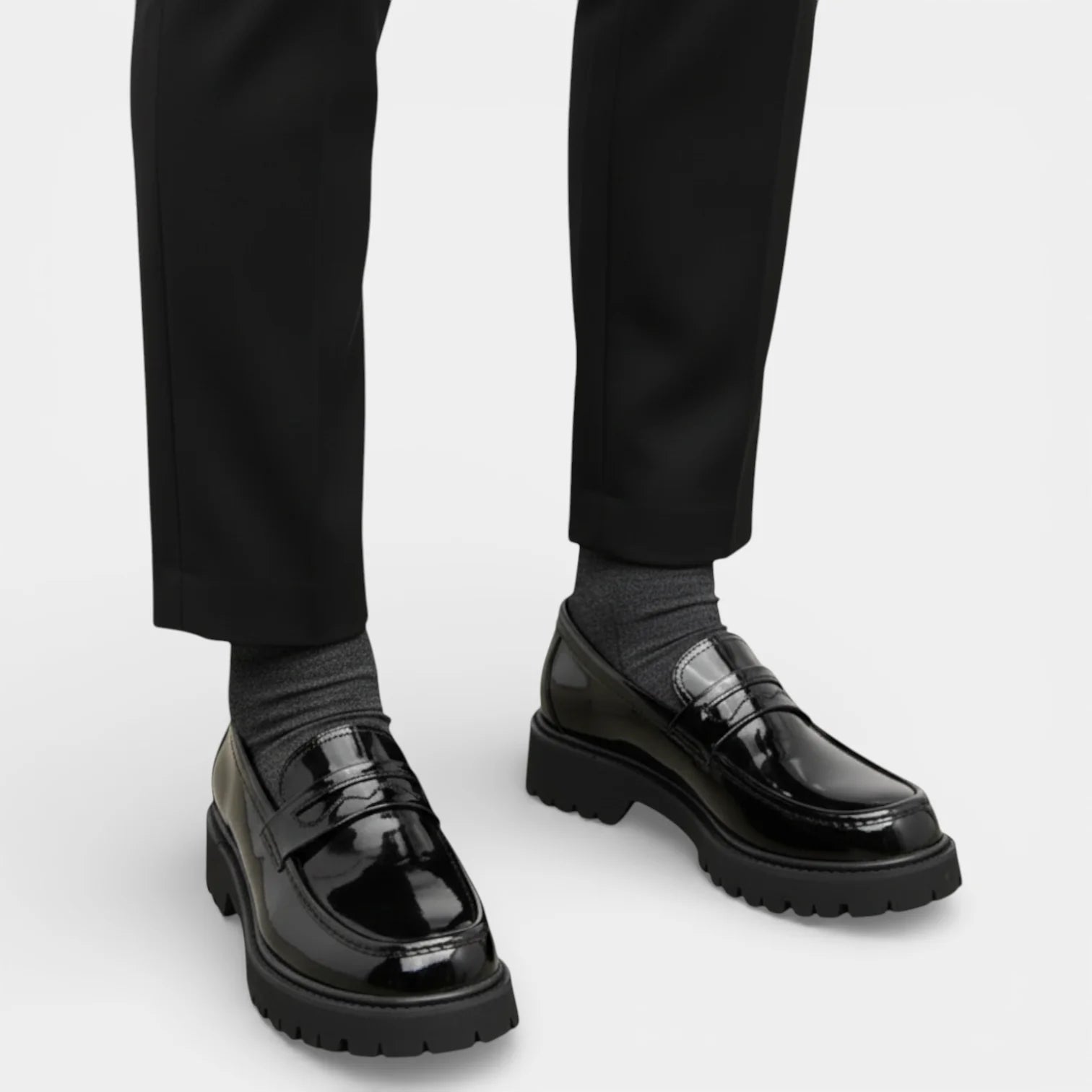 Men’s Black Rounded Toe Slip-On Loafers with Front Strap and Chunky Lug Sole