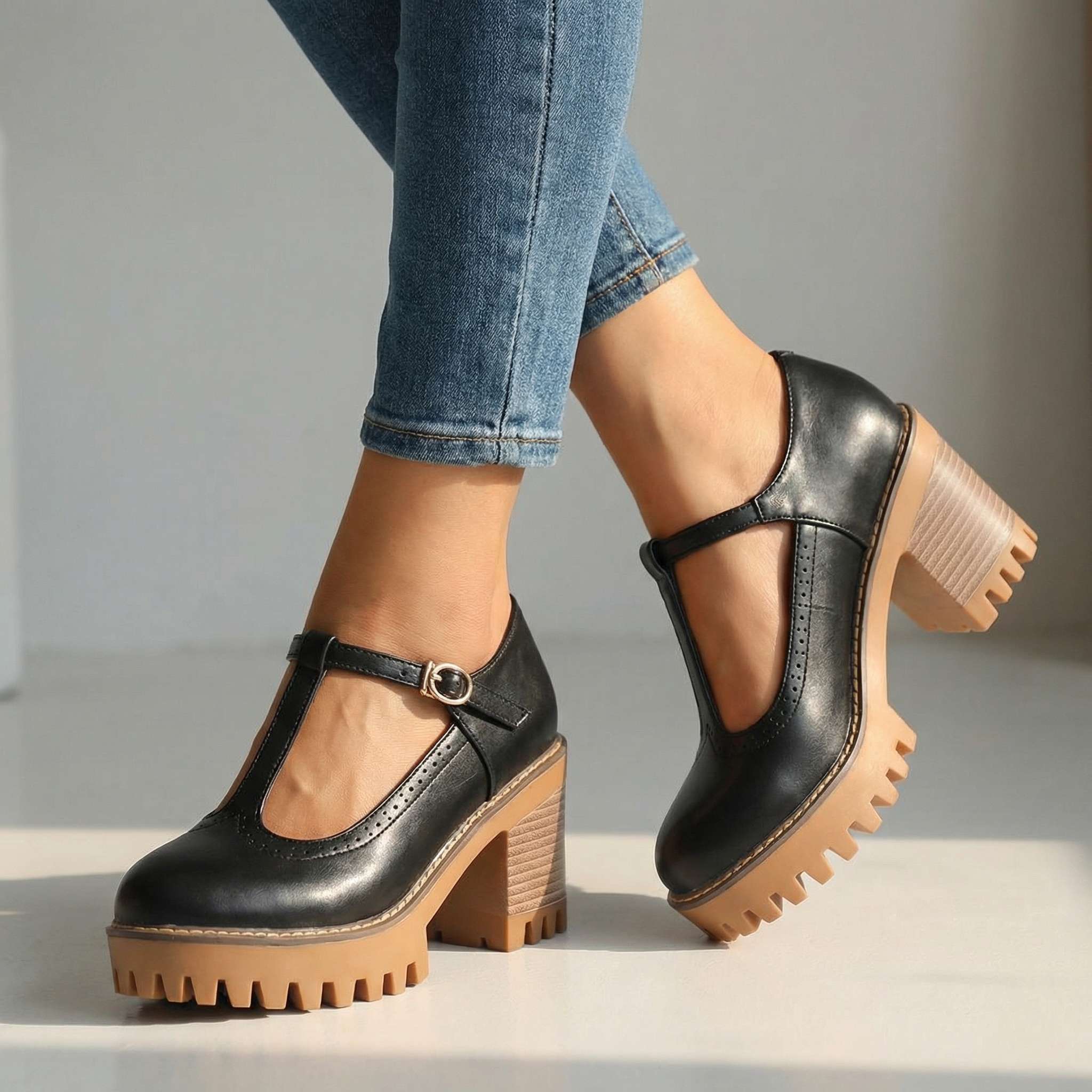 Women's Mary Jane Heels Platform Block Heel T-Strap Lug Sole