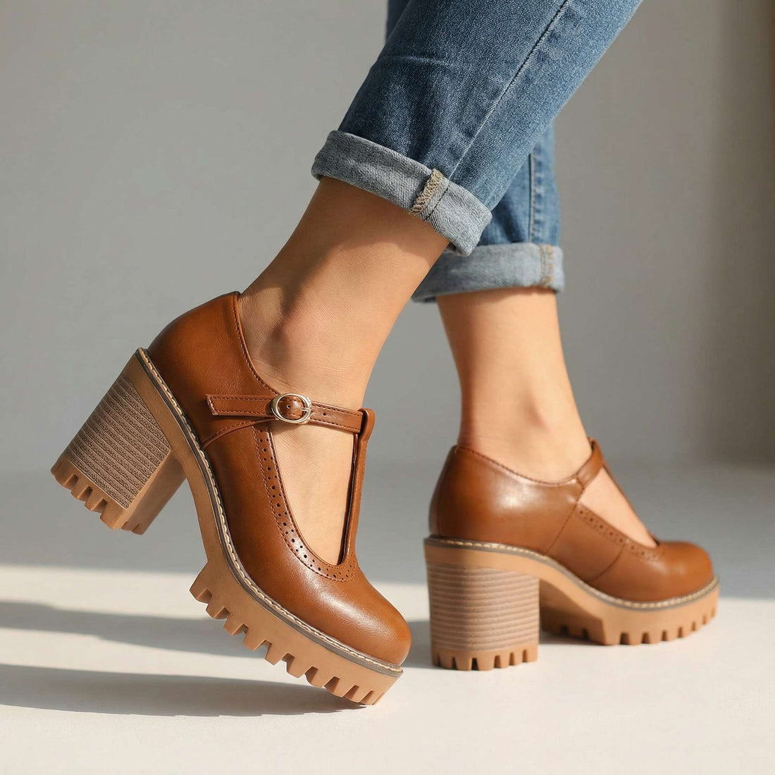 Women's Mary Jane Heels Platform Block Heel T-Strap Lug Sole