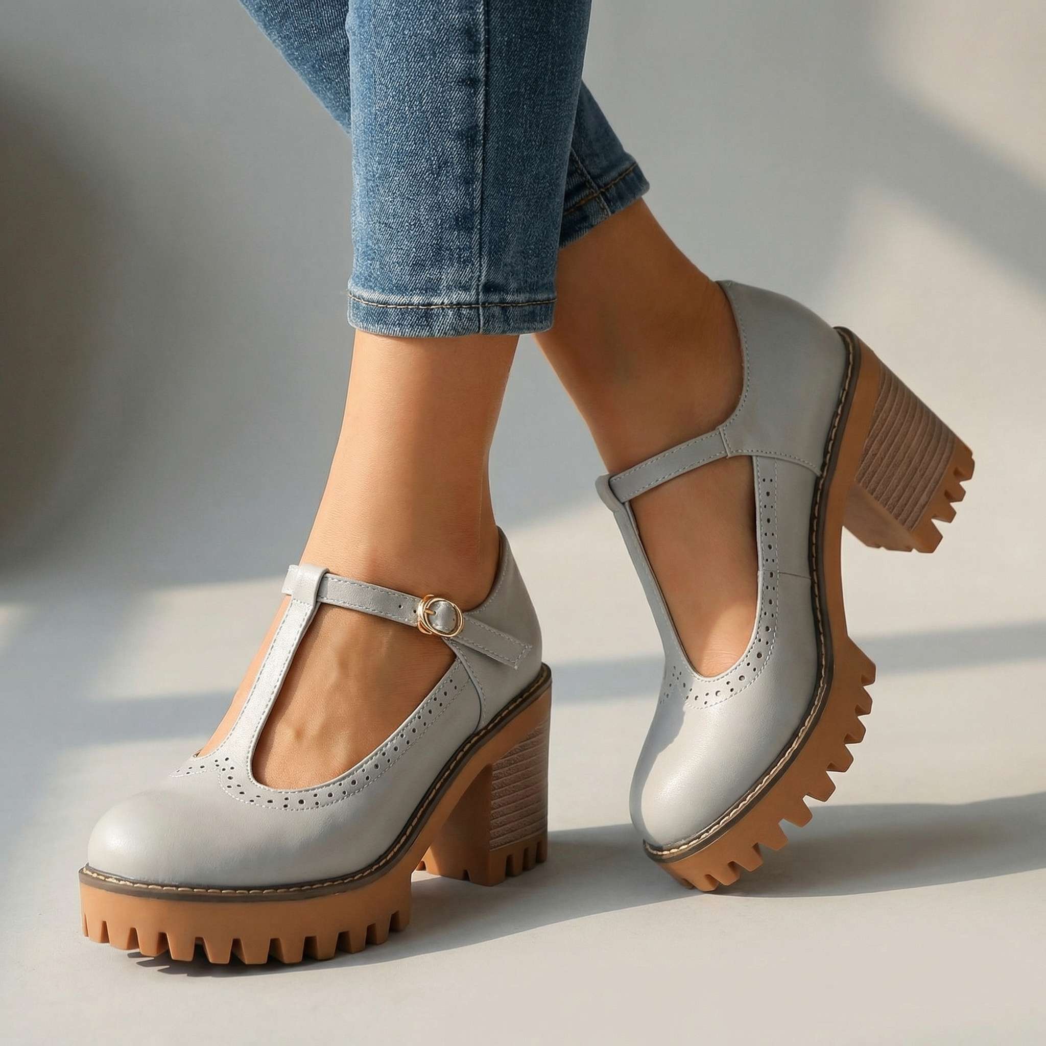 Women's Mary Jane Heels Platform Block Heel T-Strap Lug Sole